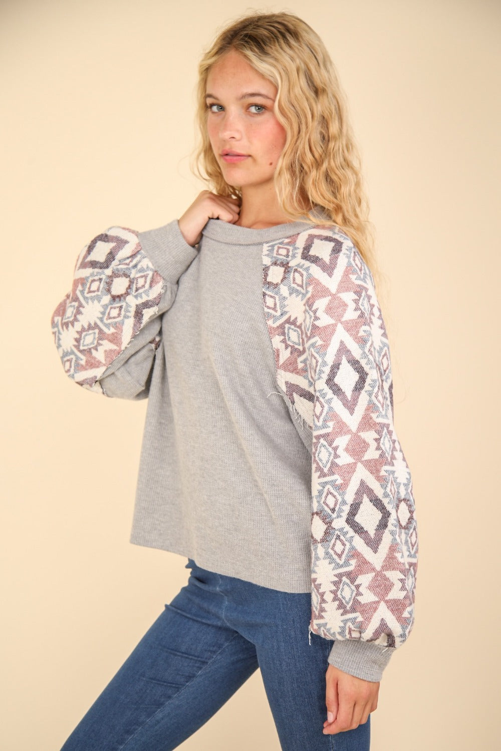 Aztec Printed Long Sleeve Round Neck Knit Top