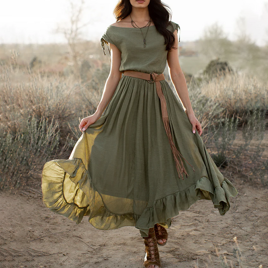 Ladies Vintage Western Style Cotton And Linen Olive Rustic Boho Dress