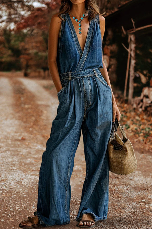 V-Neck Sleeveless Loose Denim Jumpsuit