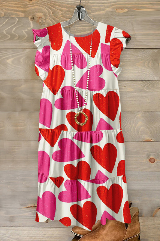 Sweet Valentine's Day Heart Print Ruffled Pleated Dress