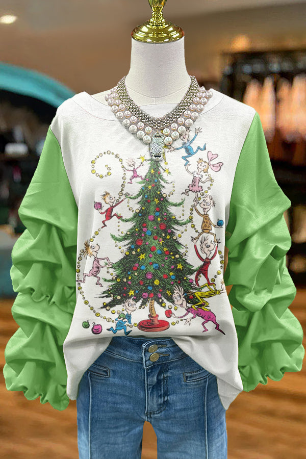 Cute Christmas Tree Print Pleated Sweatshirt