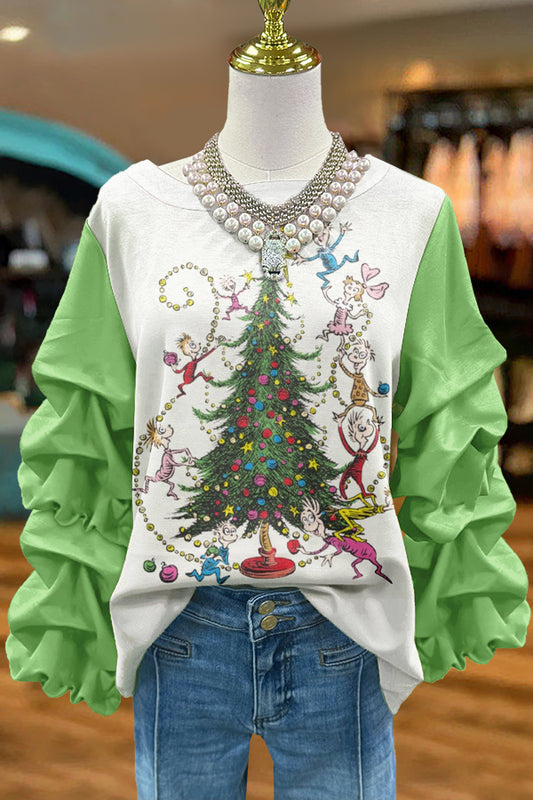 Cute Christmas Tree Print Pleated Sweatshirt