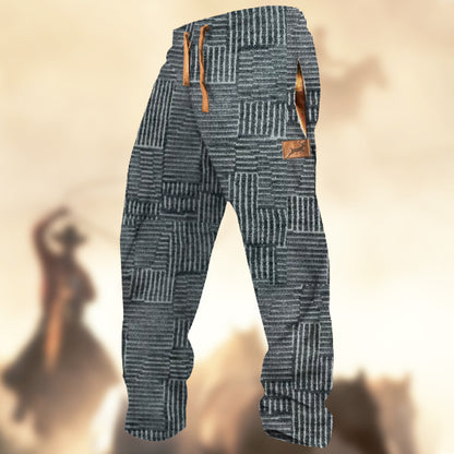 Men's Blue Gray Plaid Retro Country Elk Herringbone Casual Sweatpants