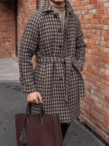 Men's Classic Houndstooth Single-Breasted Open-Pocket Design Casual Woolen Coat (Belt Included)