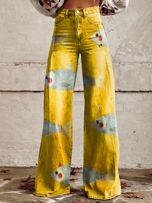 Women's Vintage Sardines Print Casual Wide Leg Pants