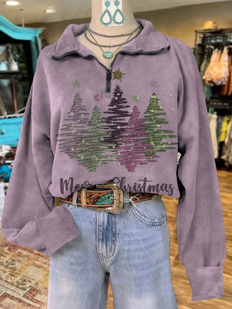 Christmas Tree Print Casual Long Sleeve Zip Sweatshirt