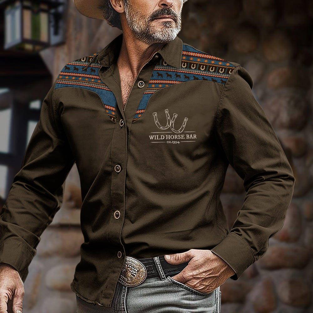 Men's Western Cowboy Vintage Western Bar Horseshoe Ethnic Pattern Print Long Sleeve Shirt