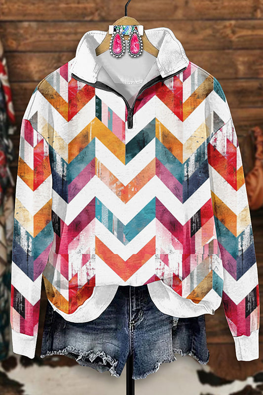 Retro Western Aztec Print Zip-Up Sweatshirt