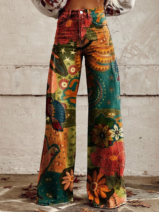 Women's Casual Western Print Wide Leg Trousers