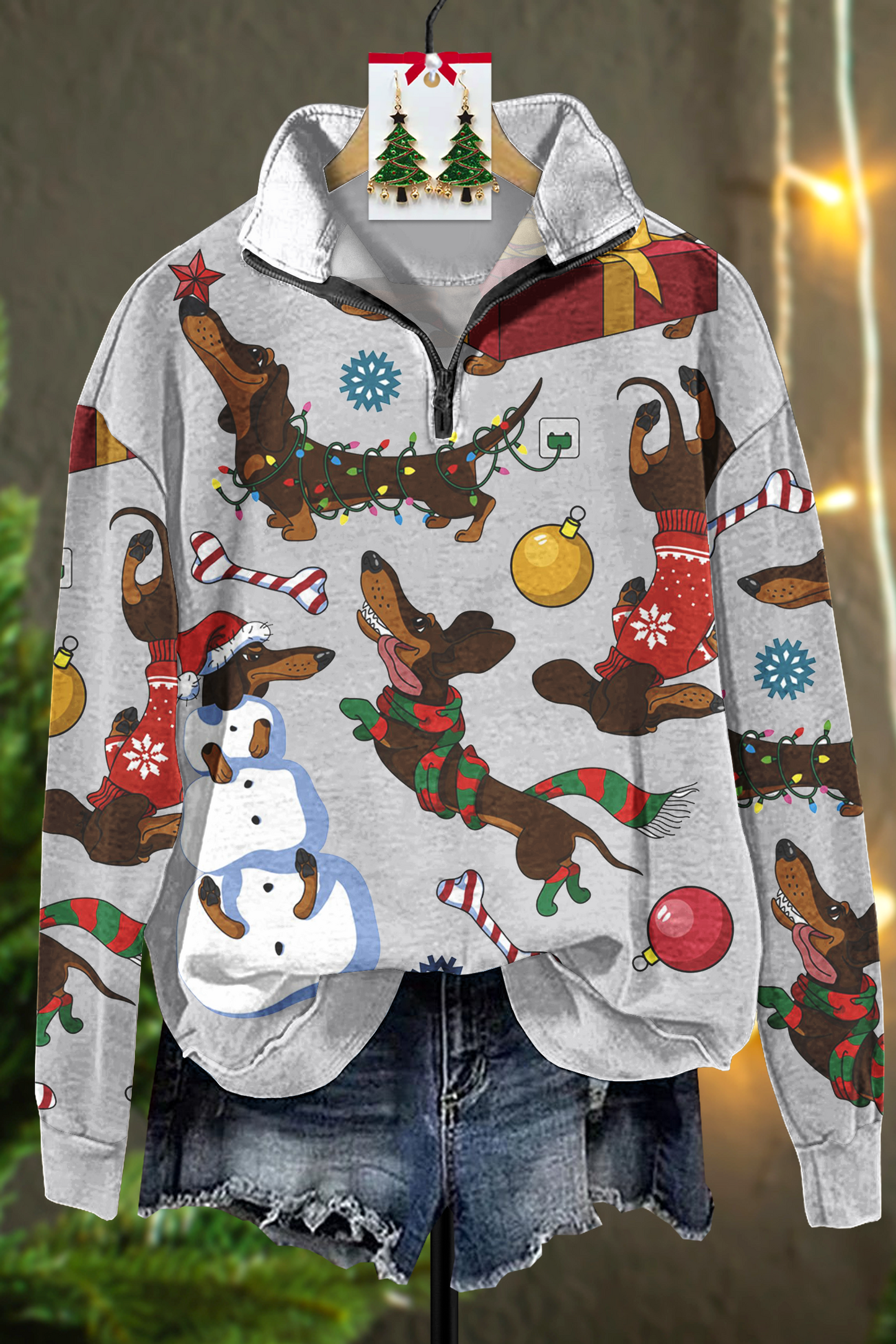 Christmas Play Dachshund Print Zip Sweater