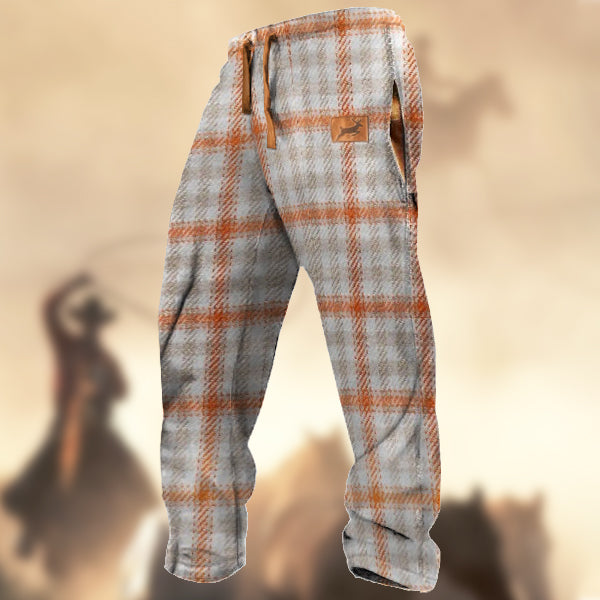 Men's Retro Orange & Brown & White Plaid Elk Sports Casual Sweatpants