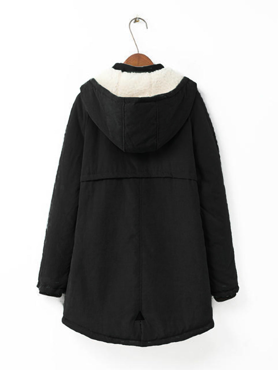 Hooded Flap Pocket Plain Fleece Lined Coat