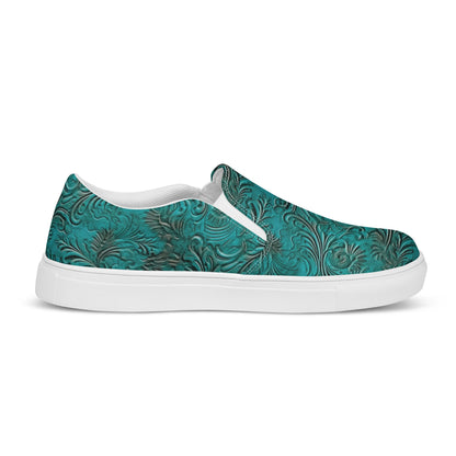 Turquoise Leather Print Women__ Slip-on Canvas Shoes