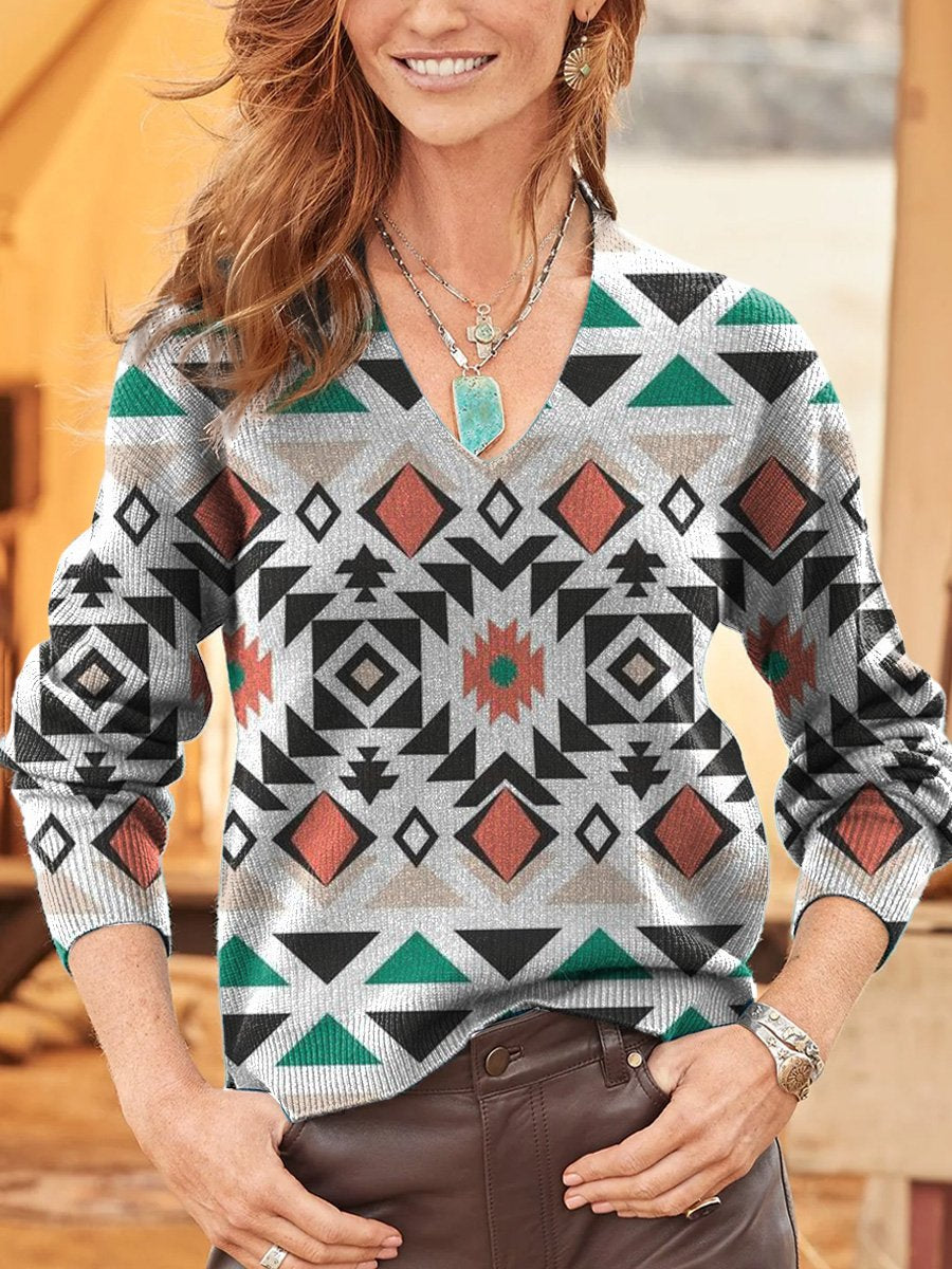 Women's Vintage Aztec Print V-neck Pullover Sweater