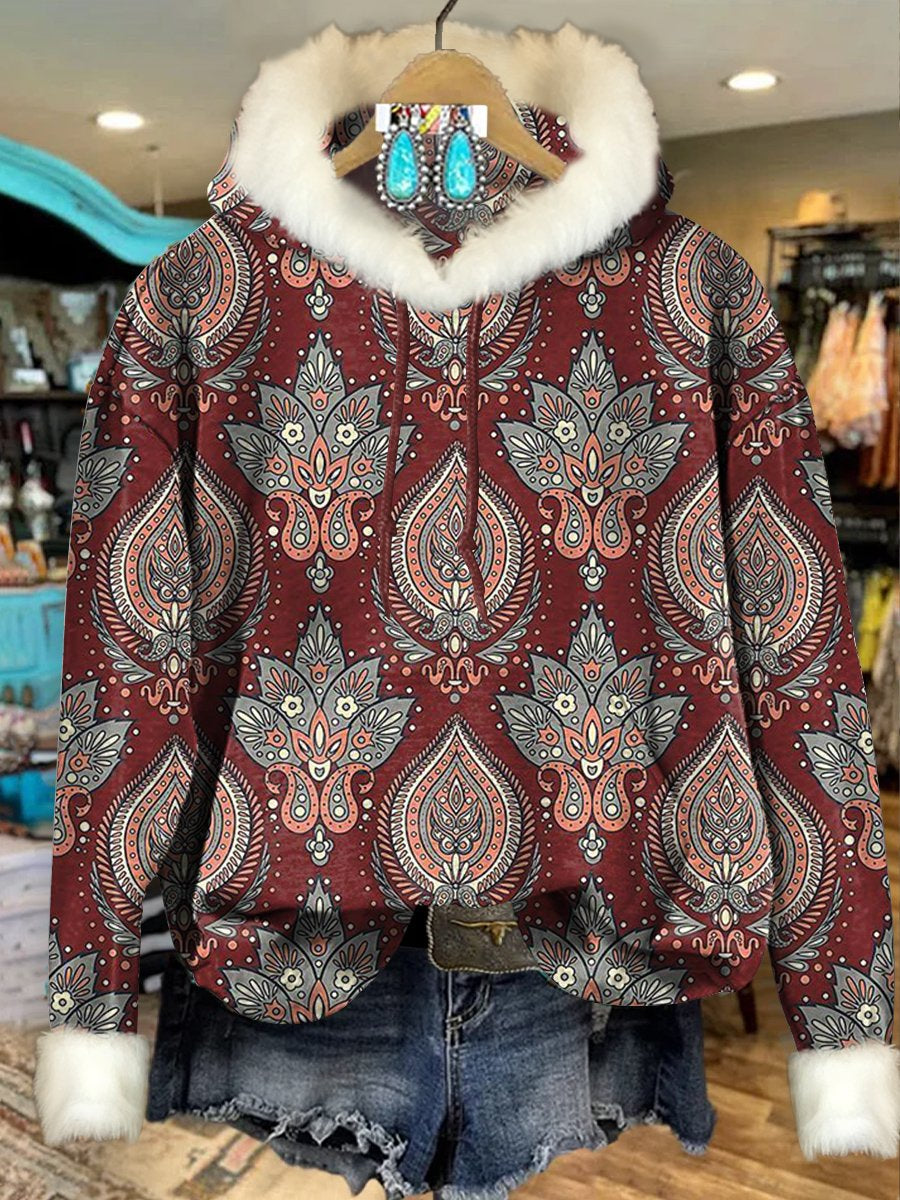 Maroon Vintage Aztec Print Imitation Rabbit Fur Trim Casual Hoodie Sweatshirt