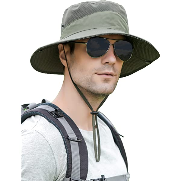 Mens Womens Sun Hat Wide Brim Breathable Mesh UPF 50+ Waterproof Fishing Hat Safari Hat Foldable Boonie Cap A-khaki