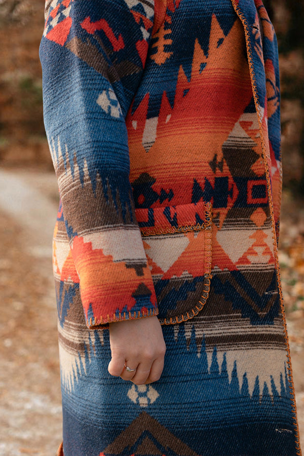 Aztec Printed Lapel Long Jacket