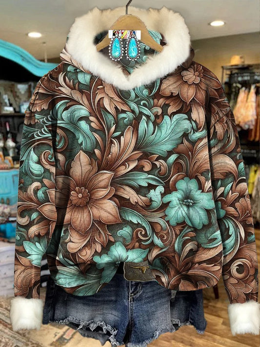 Brown Vintage Ethnic Flowers Print Imitation Rabbit Fur Trim Casual Hoodie Sweatshirt