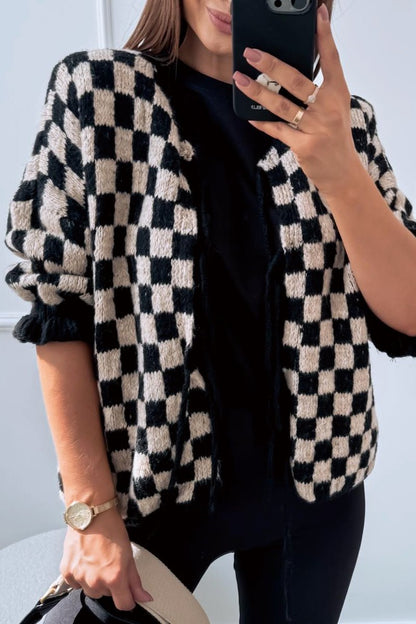 Women's Check Lace-Up Knit Cardigan