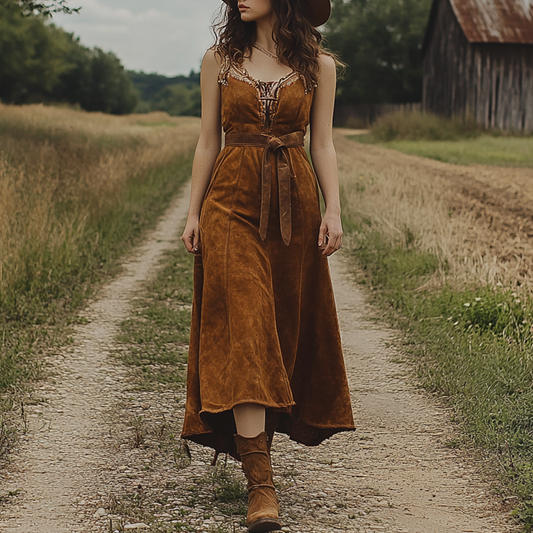 Ladies Vintage Western Style Pastoral Halter Rustic Boho Saddle Brown Chamois Dress