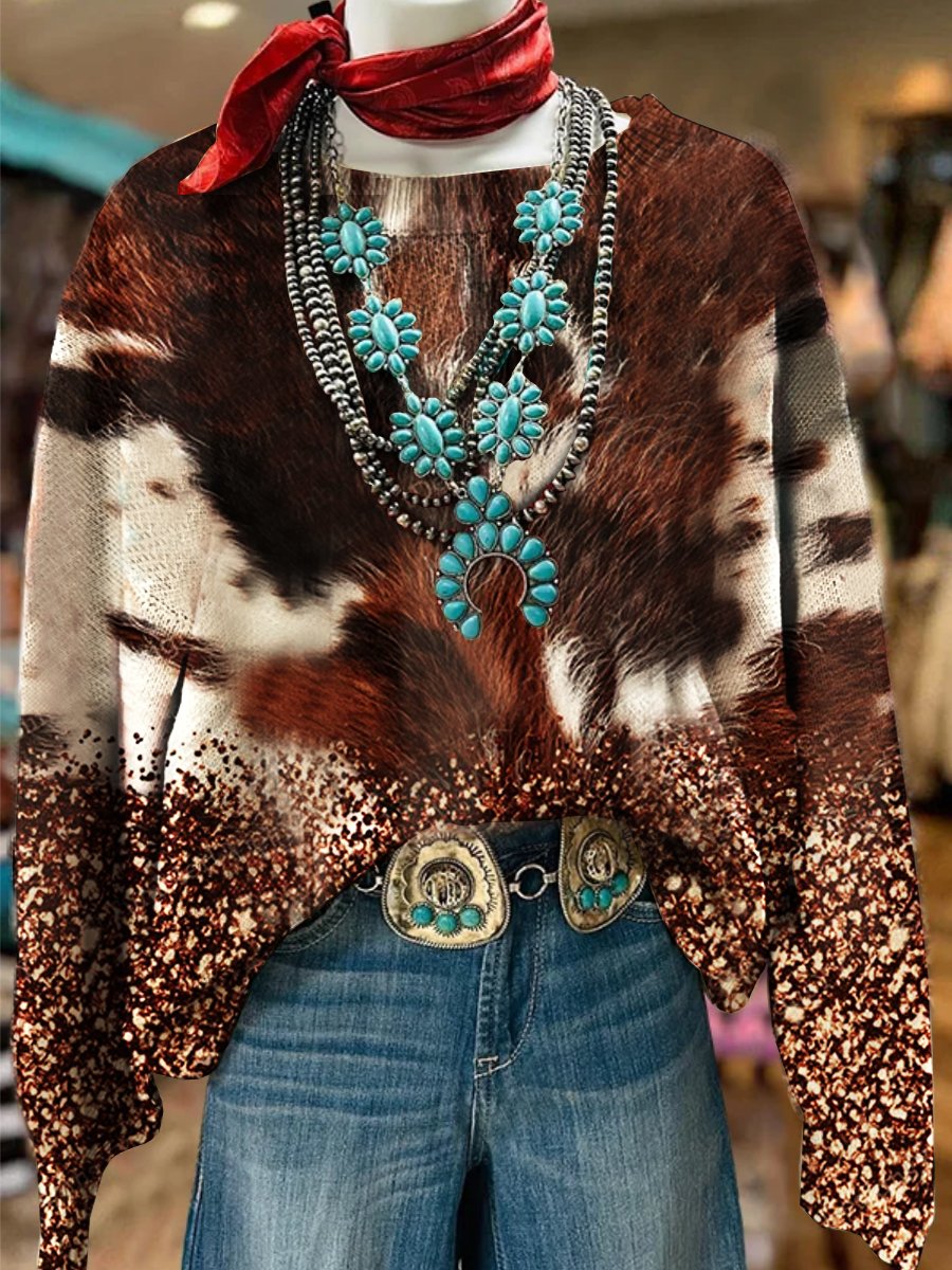 Western Print Knit Pullover Sweater