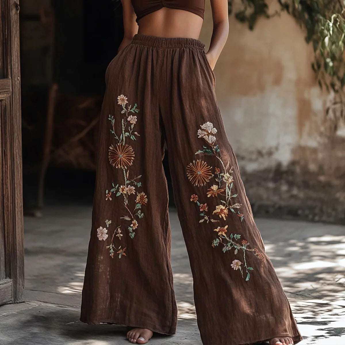 Vintage Floral Embroidery Pattern Printed Linen Blend Trousers