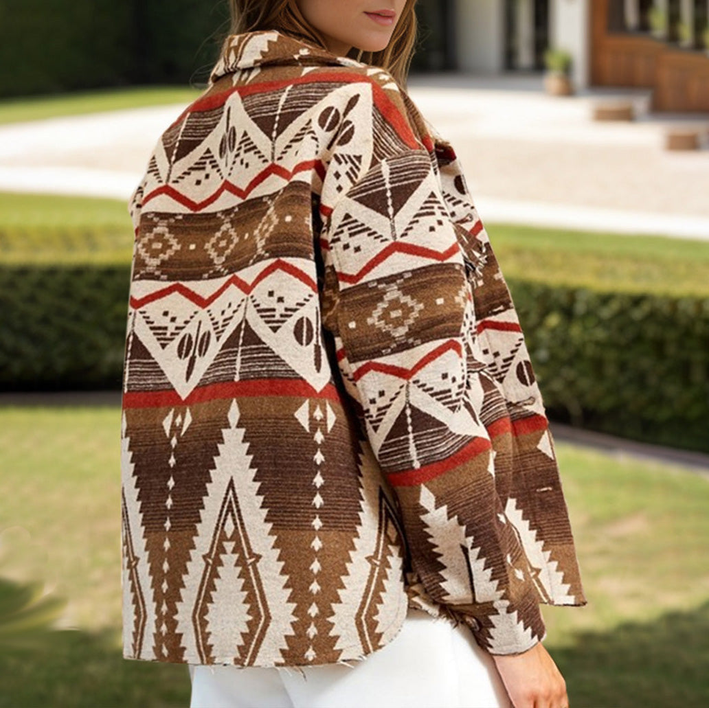 Women's Thickened Vintage Aztec Print Tweed Jacket