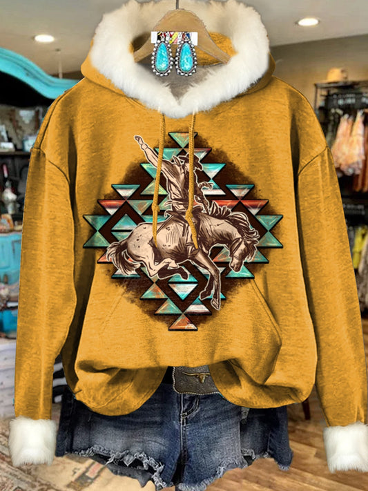 Vintage Yellow Aztec Horse Art Print Imitation Rabbit Fur Trim Casual Hoodie Sweatshirt