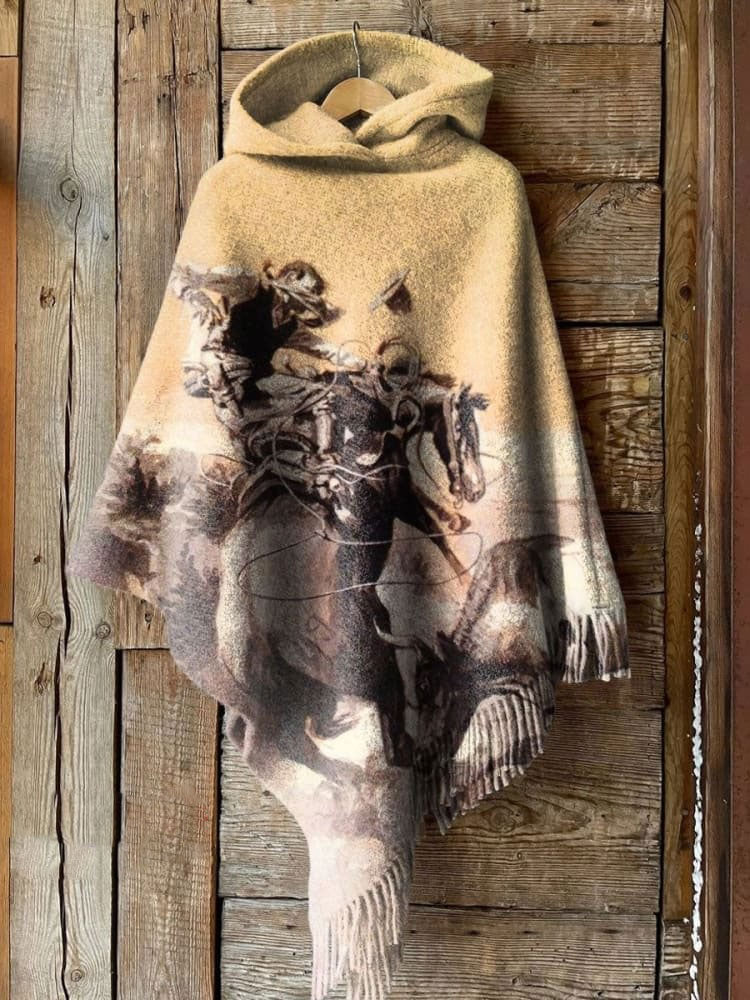 Women's West Vintage Art Print Casual Knitted Blanket Poncho Hood Cape