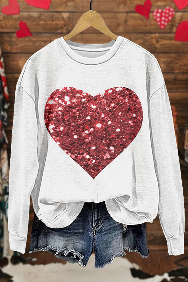 Shiny Valentine's Day Heart Print Sweatshirt