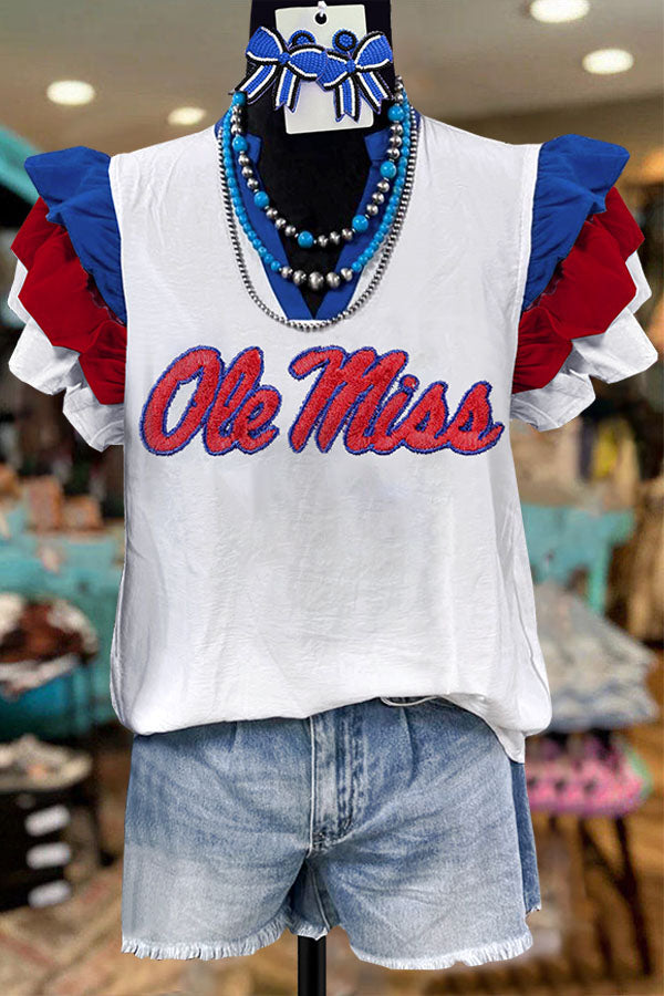 Color Block Ruffle Sleeve Ole Miss Blouse