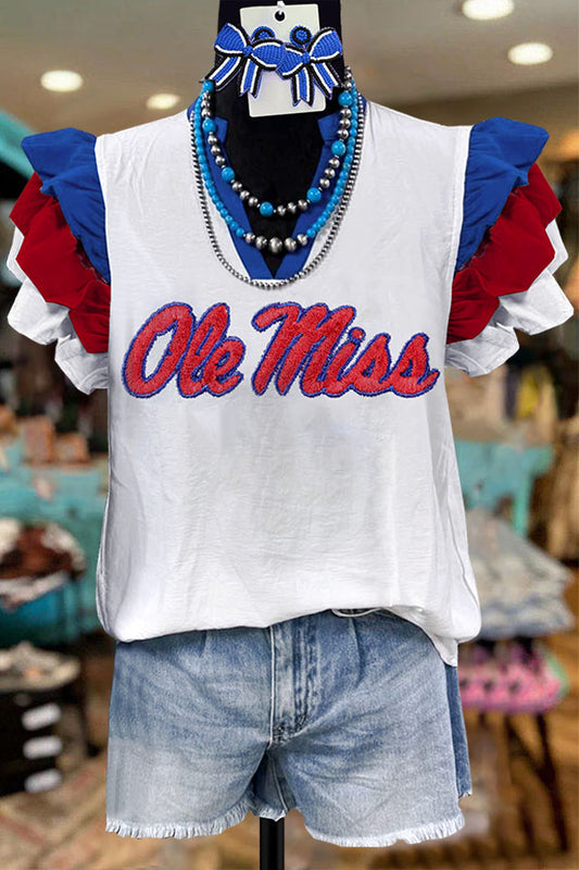 Color Block Ruffle Sleeve Ole Miss Blouse