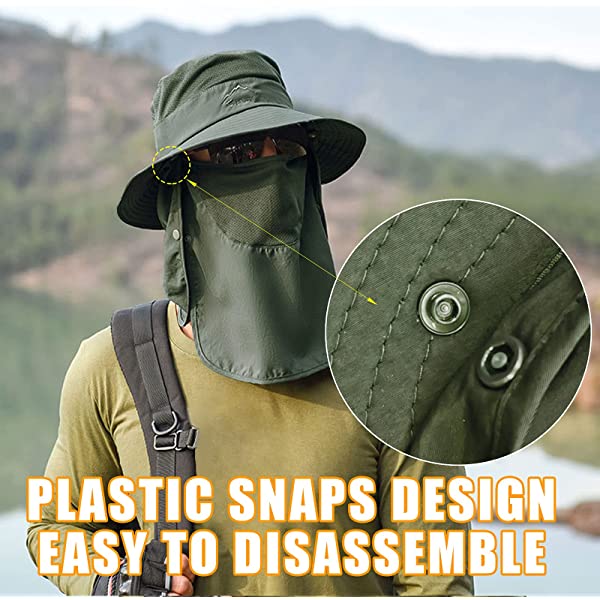 Fishing Hat for Men & Women, Outdoor UV Sun Protection Wide Brim Hat with Face Cover & Neck Flap Army Green