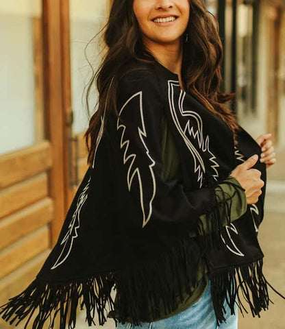 Western Womens  Stitch Embroidered Fringe Suede Cape