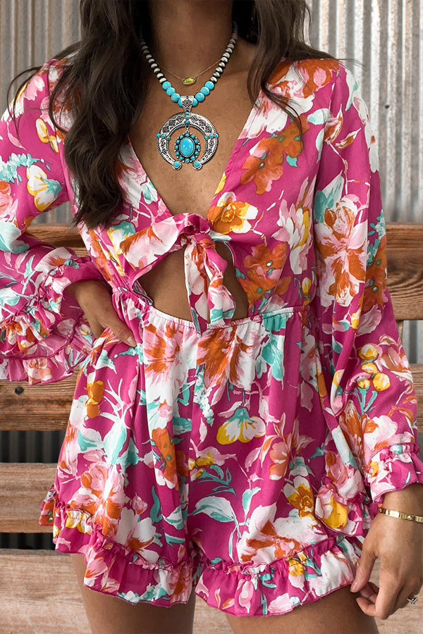 Vintage Floral Print Cutout Rompers