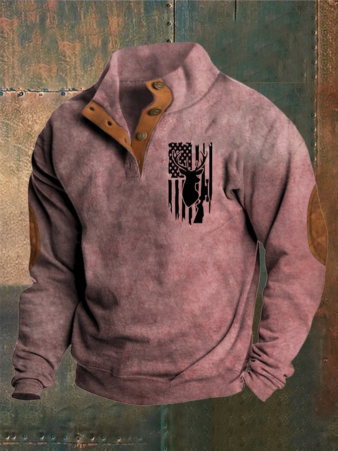 Men's Vintage Western Elk Stand Collar Sweatshirt