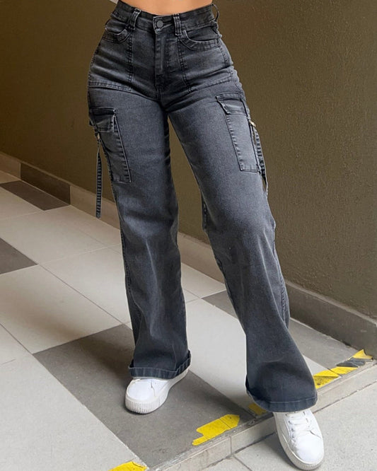 Women's High Waist Cargo Jeans Flap Pocket Wide Leg Denim Pants