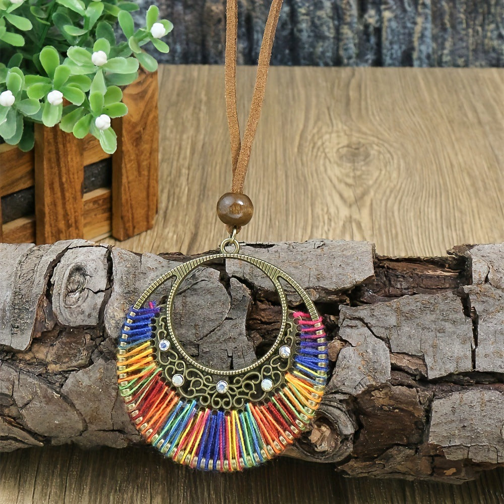 Women's Bohemian Woven Mixed Color Large Circle Pendant Necklace