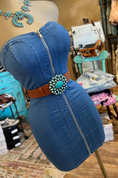 Retro Bandeau Style Full Zip Denim Dress-0520