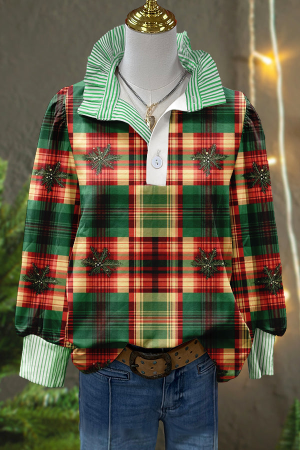 Chic Merry Christmas Tree Plaid Print Puff Sleeve Blouse