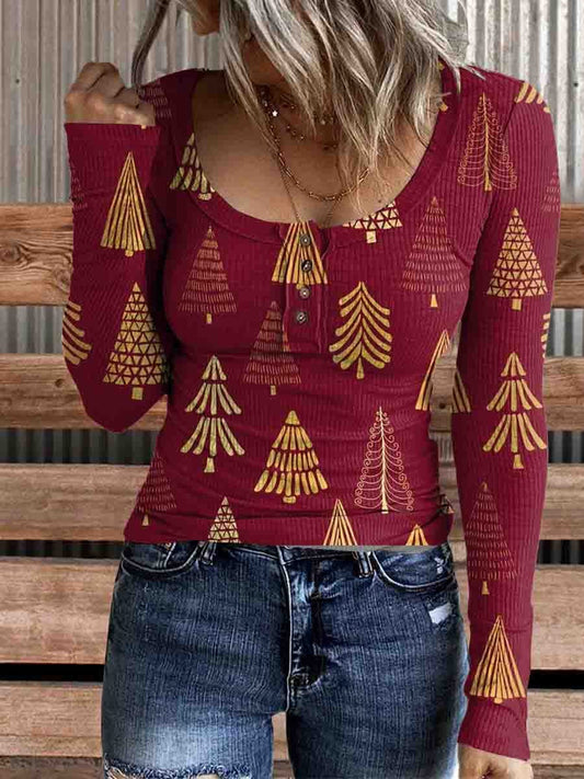 Women's Christmas Tree Print Comfortable Cotton Henley Shirt