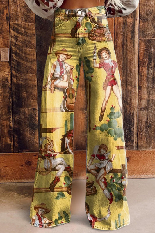 Retro Western Floral Casual Wide Leg Pants