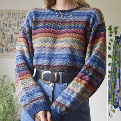 Women's Rainbow Print Round Neck Oversize Blue Sweatshirt