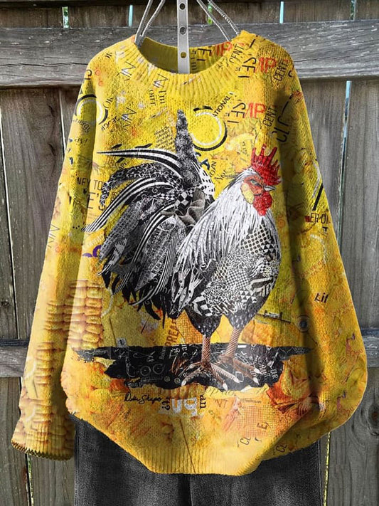 Yellow Cock Art Print Knit Pullover Sweater