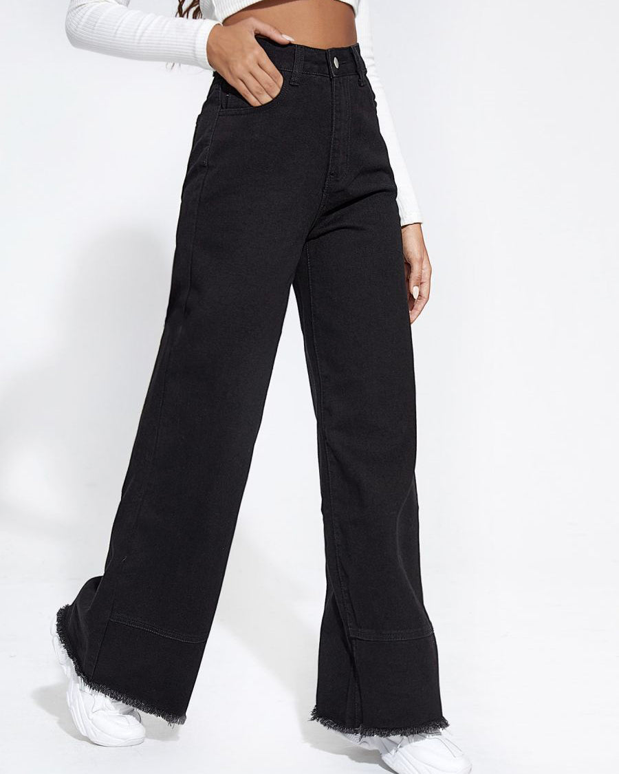 High-Waisted Wide-Leg Jeans Raw-Edge Loose Trousers