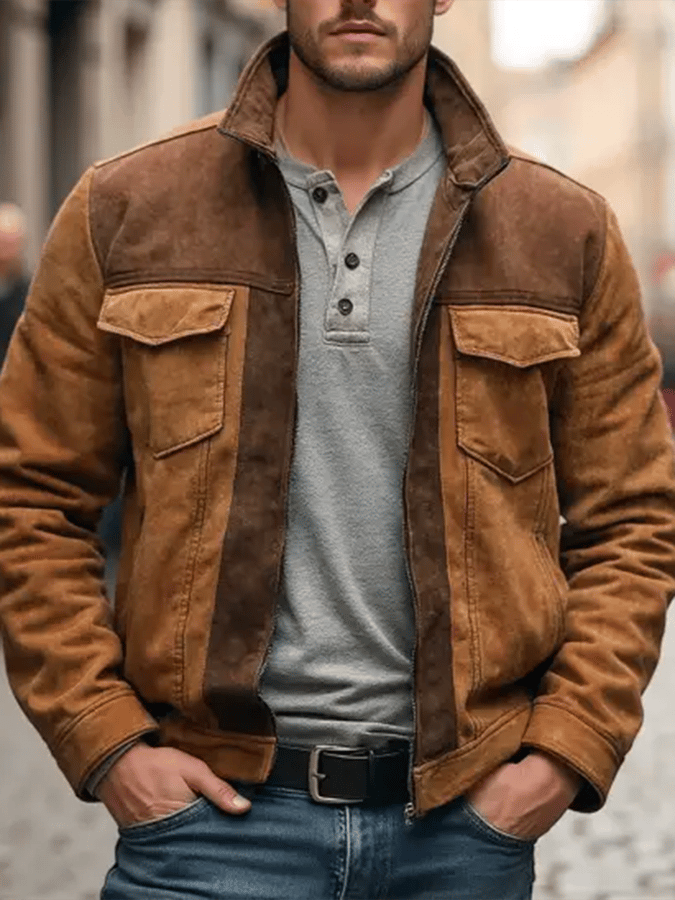 Men's Vintage Suede Multi-Pocket Stand Collar Outdoor Jacket