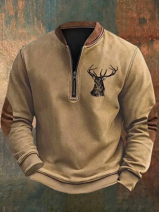 Men's Vintage Western Elk Print Zip-Up Sweatshirt