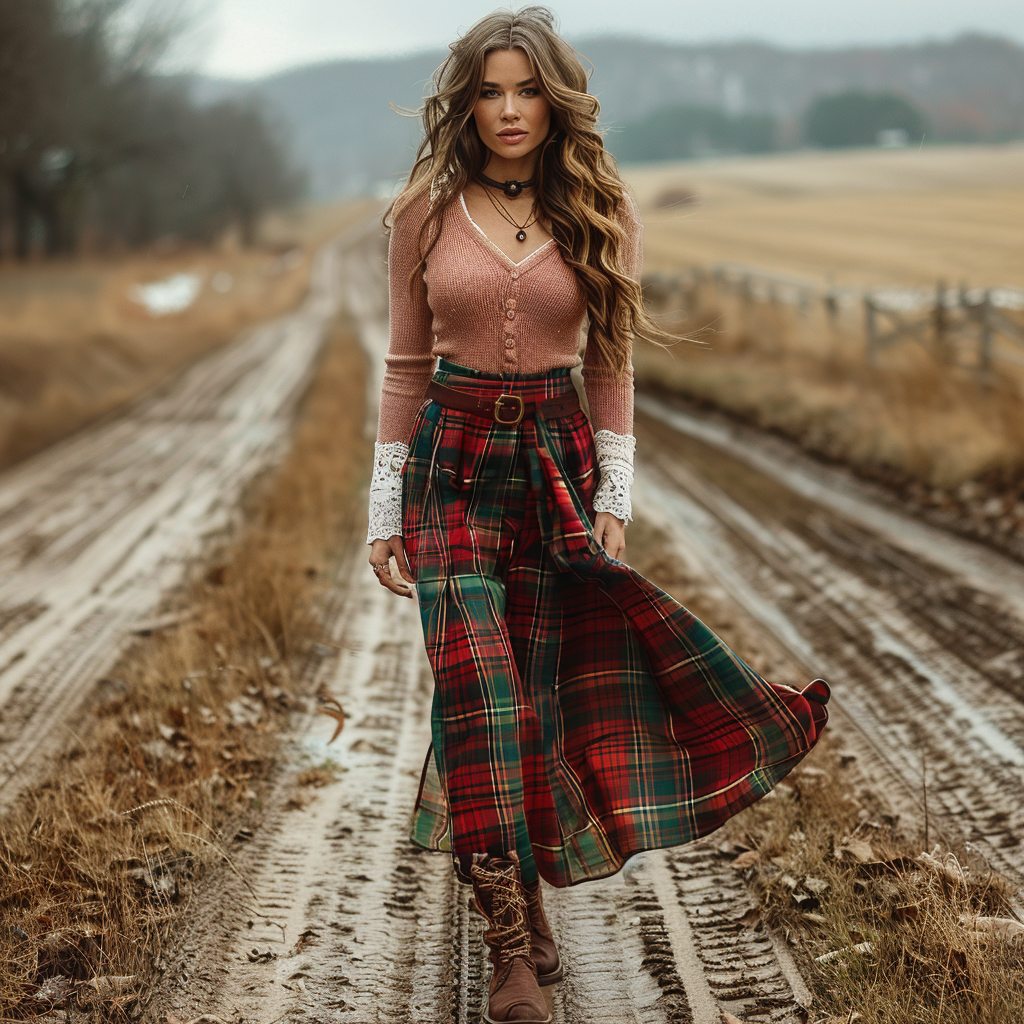 Women's Retro Plaid V-neck Long-sleeved Long Skirt Pastoral Style Dress