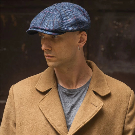 PEAKED CAPS SHELBY - HARRIS TWEED Genuine Scottish Harris Tweed 8 Panels Man Cap Blue-red