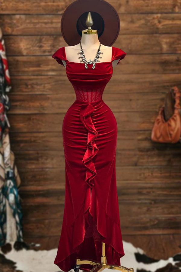 Square Neck Ruffled Velvet Maxi Dress